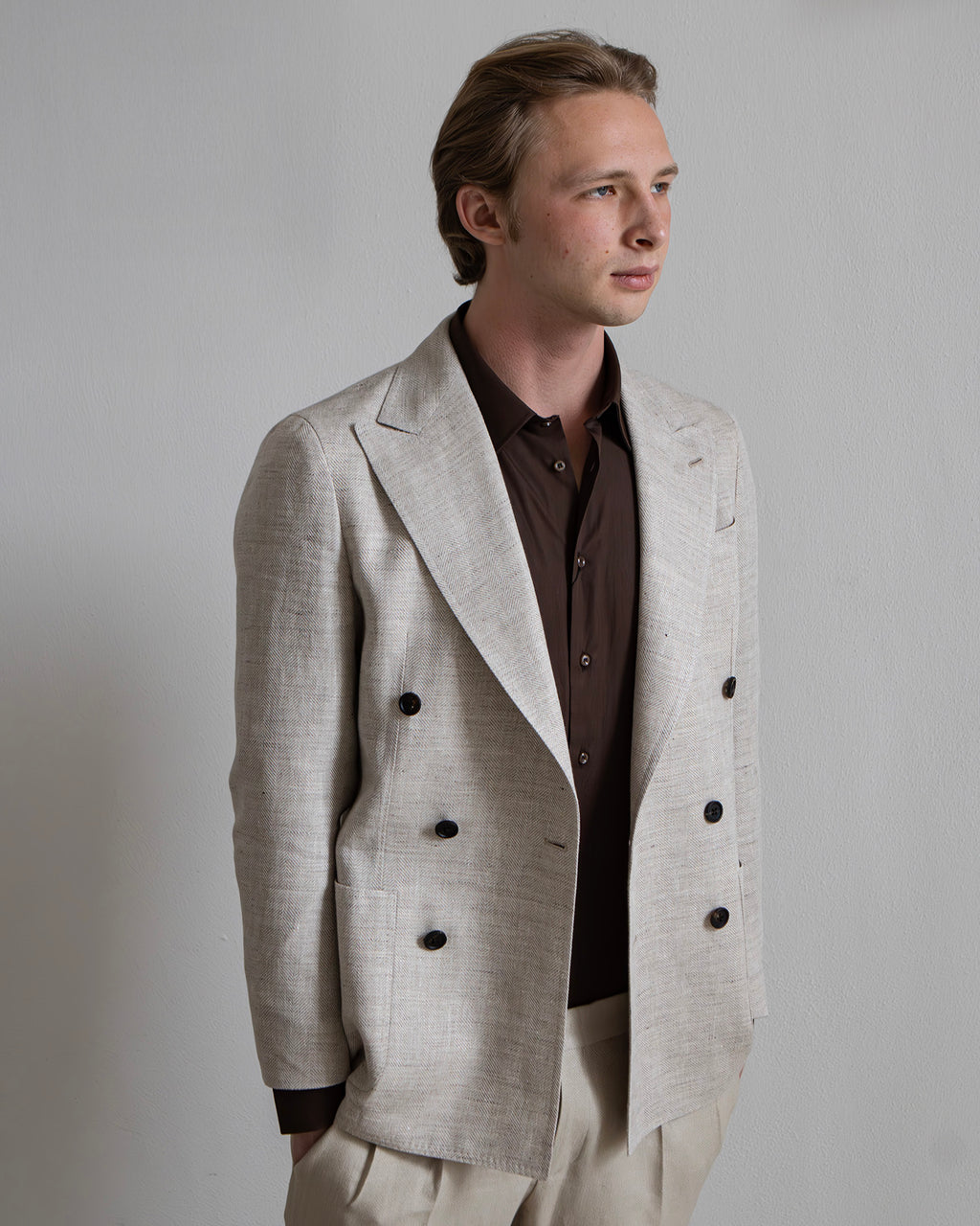 Giacca Doppiopetto Beige in Lino e cotone – Sartoriale, Sfoderata, Su Misura