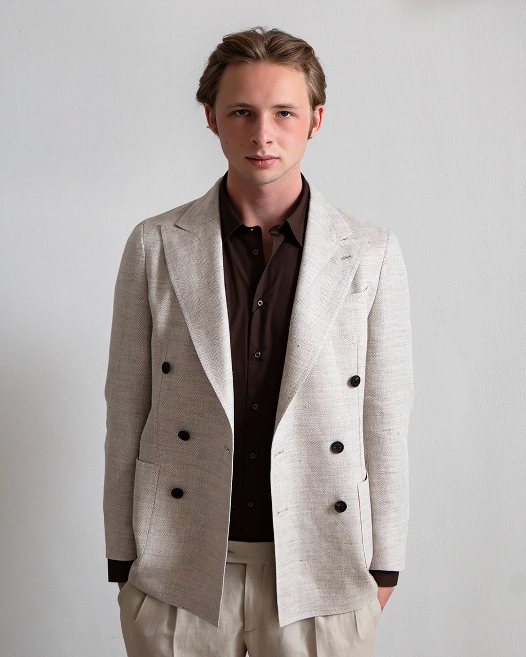 Giacca Doppiopetto Beige in Lino e cotone – Sartoriale, Sfoderata, Su Misura